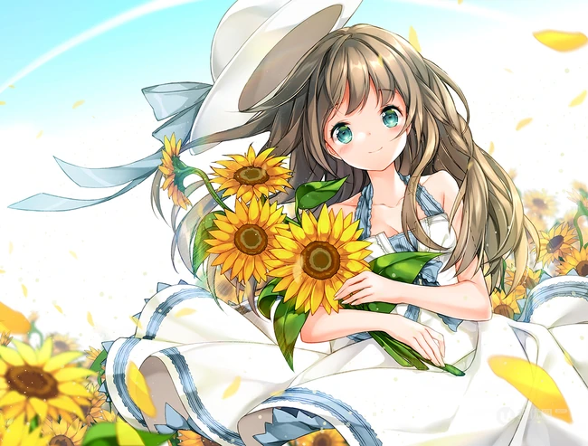 戴着遮阳草帽的向日葵少女唯美图片