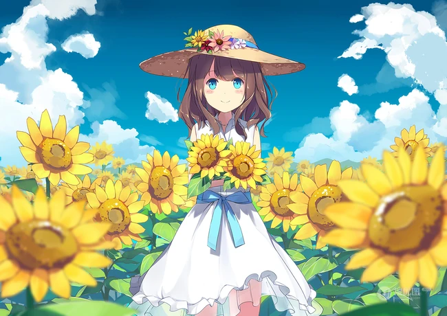 戴着遮阳草帽的向日葵少女唯美图片