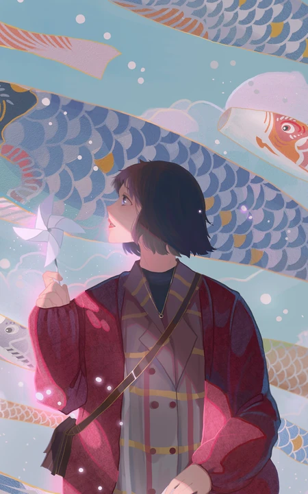 漫天鱼儿风筝下的时尚少女创意插画手机壁纸
