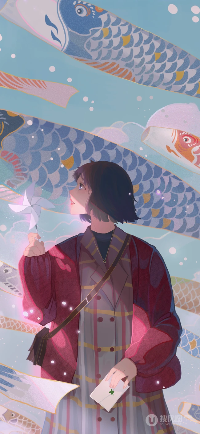 漫天鱼儿风筝下的时尚少女创意插画手机壁纸