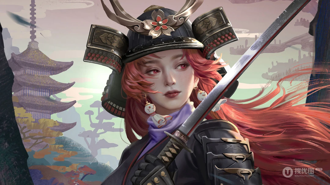 日本古代女武士，拿着武士刀的女战士帅气电脑壁纸