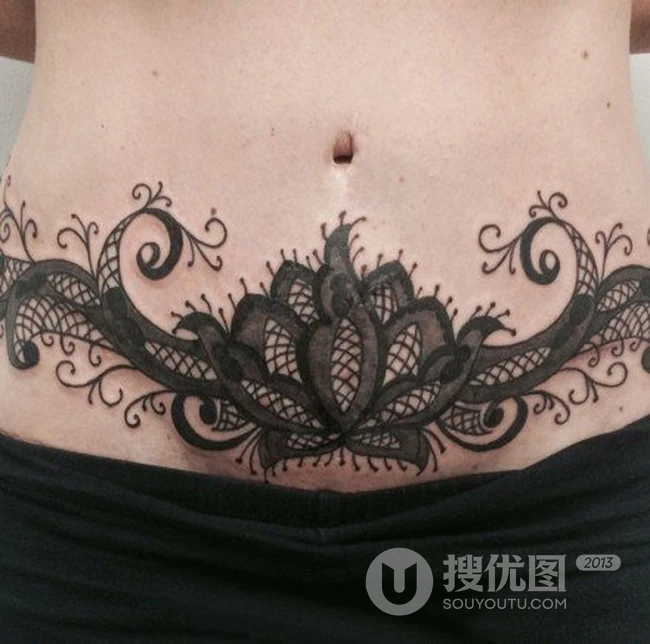 女性隐私部位小腹花卉花朵类气质彩色纹身图案图片 第2张