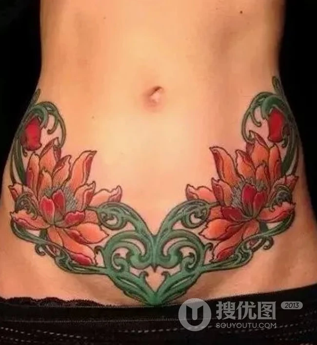 女性隐私部位小腹花卉花朵类气质彩色纹身图案图片 第6张