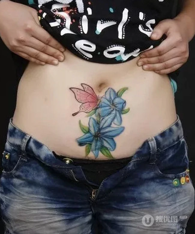 女性隐私部位小腹花卉花朵类气质彩色纹身图案图片 第7张