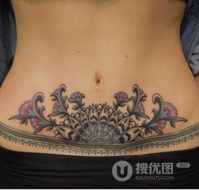 女性隐私部位小腹花卉花朵类气质彩色纹身图案图片 第3张