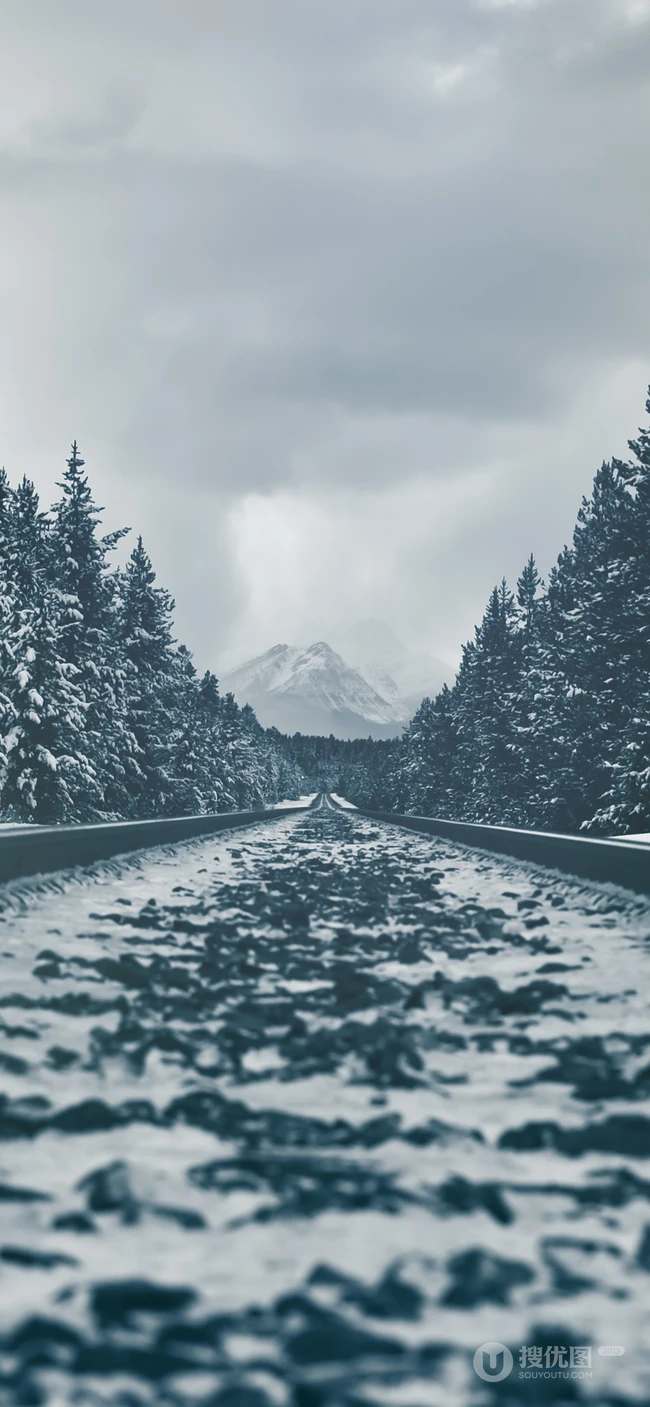 下雪林中的穿山铁路高清手机壁纸