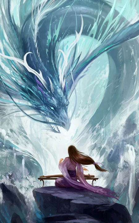 对龙弹琴的古风长发美女玄幻风景图片