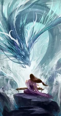 对龙弹琴的古风长发美女玄幻风景图片