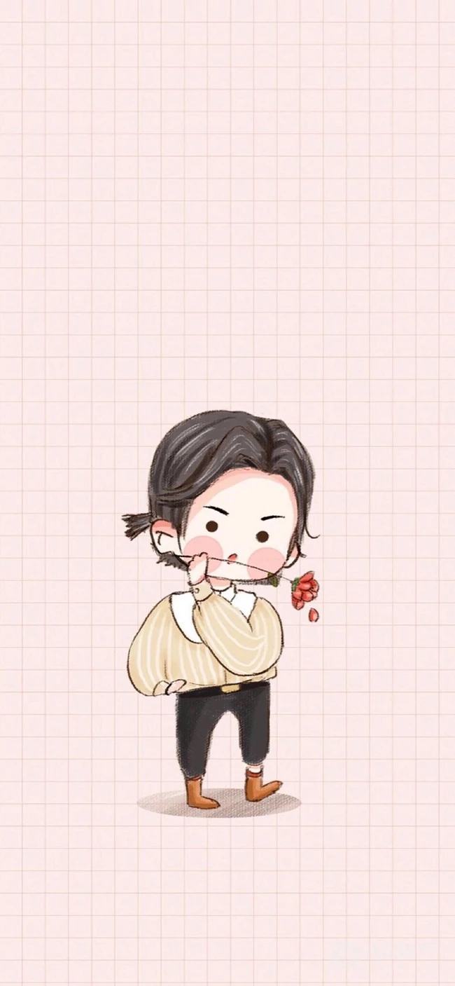 手绘口咬玫瑰花萌萌可爱的小女孩手机壁纸