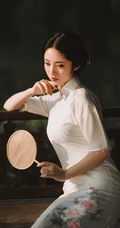 穿白色绣花旗袍在自家花园中散步的大家闺秀手机壁纸图片