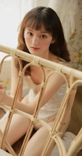 超瘦身材气质女生小碎花肩带连体衣藤椅沙发唯美写真图片