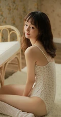 超瘦身材气质女生小碎花肩带连体衣藤椅沙发唯美写真图片