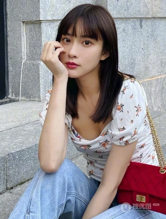 孟子义清新低领小碎花T恤搭牛仔裤气质街拍写真图片