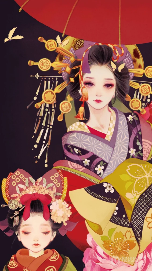 唯美和服古风动漫插画，二次元和服女王轻熟美图欣赏