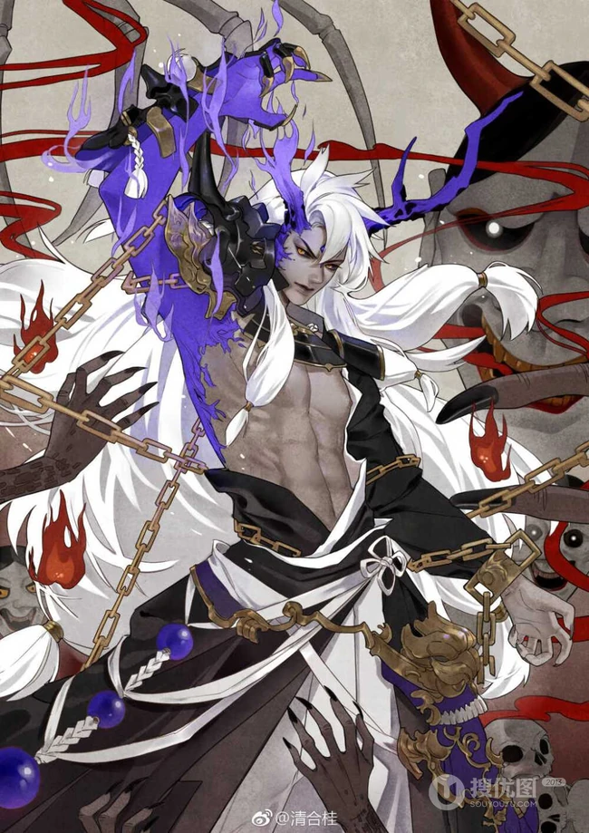 阴阳师精美同人动漫图片，唯美动漫阴阳师茨木&吞吞插画图片