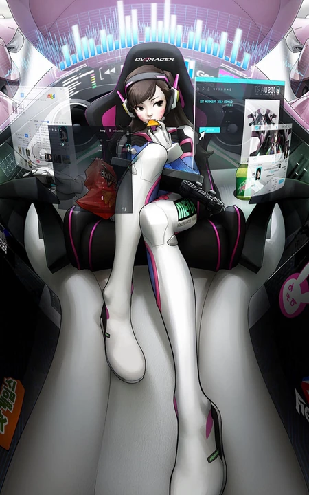 坐在电竞沙发上的游戏女人物创意手机壁纸