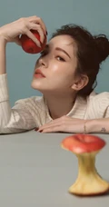 许玮甯手拿苹果优雅居家写真，竖纹衬衣丸子头，干净动人