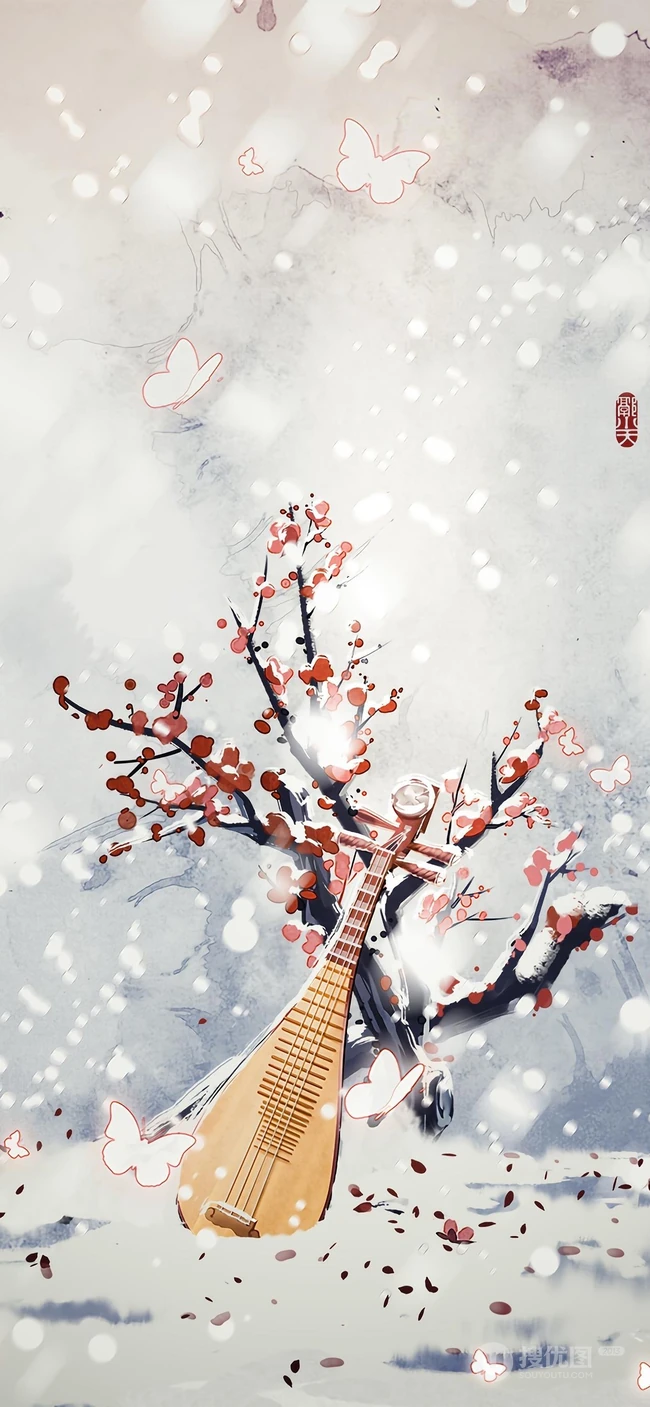 富有中国风特色花卉的油墨画手机壁纸