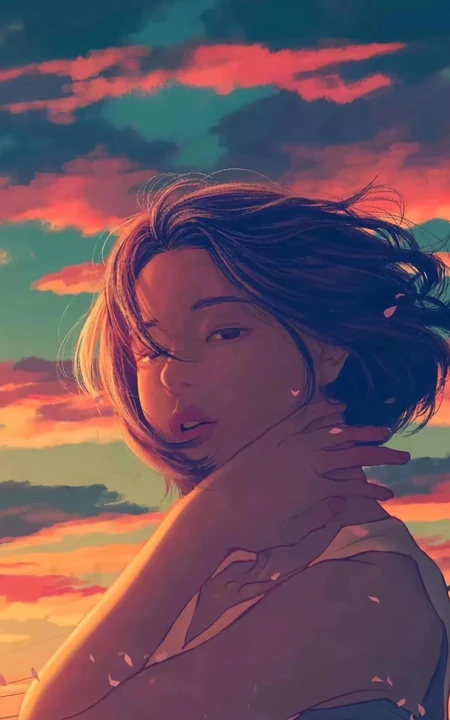 青色唯美的彩霞下的短发动漫少女