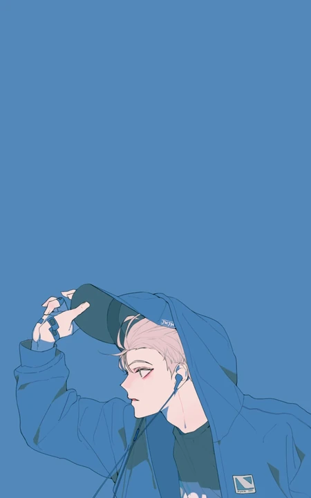 线条手绘帽衫盖头戴耳麦的动漫男生手机壁纸