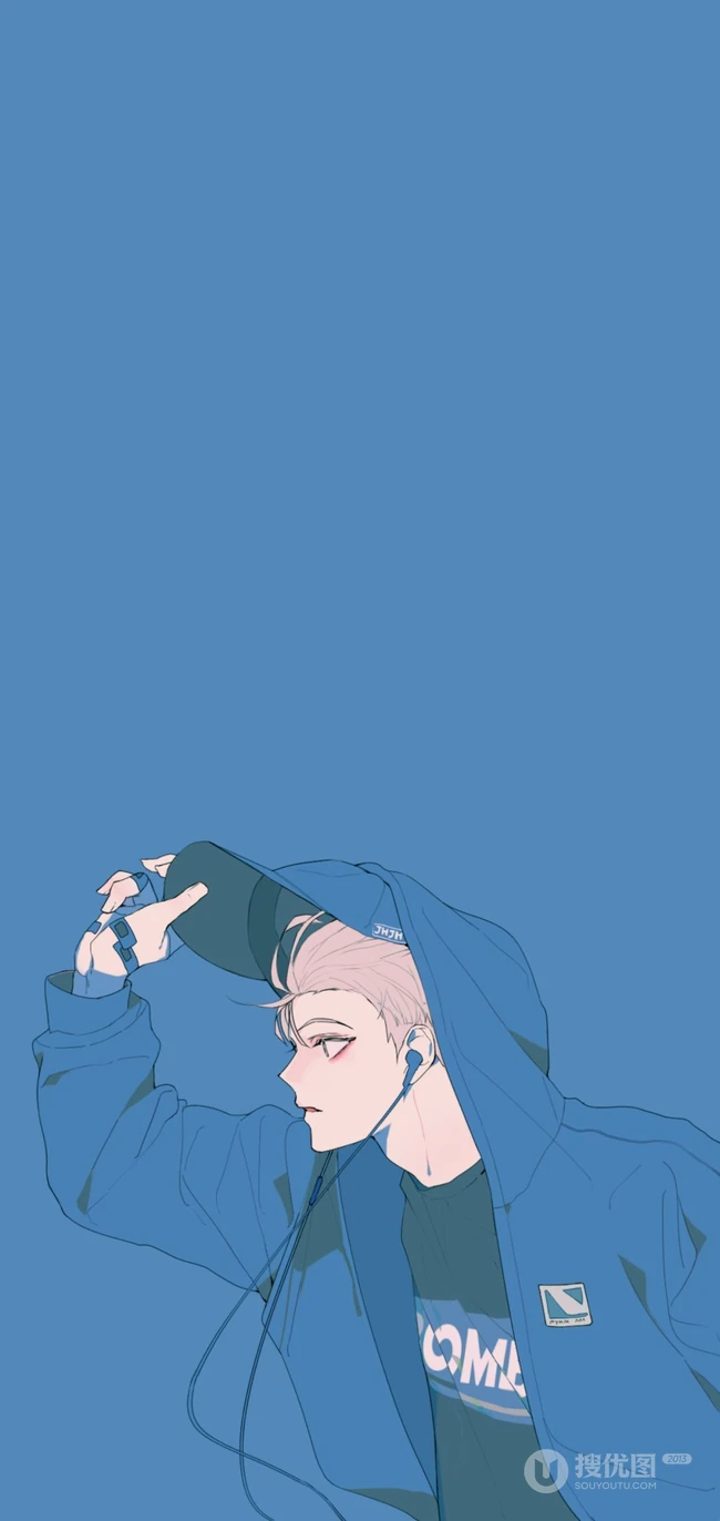 线条手绘帽衫盖头戴耳麦的动漫男生手机壁纸