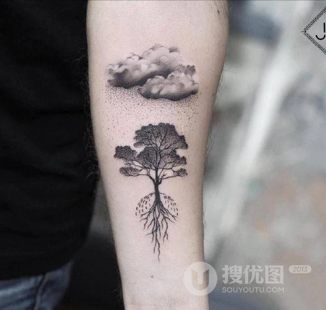 唯美下雨纹身图案，关于天气的男生纹身图案，有云朵，有雨滴 第1张