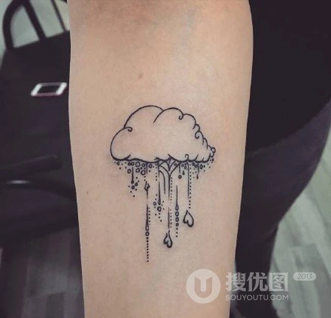 唯美下雨纹身图案，关于天气的男生纹身图案，有云朵，有雨滴 第9张