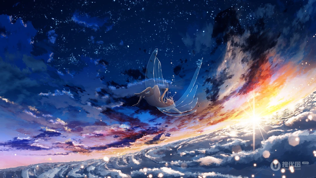 空中坠落的二次元天使唯美画面桌面背景