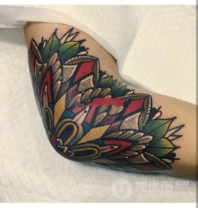 手肘，胳膊肘纹身图案，男生手肘，胳膊肘酷炫梵花纹身图案图片 第8张