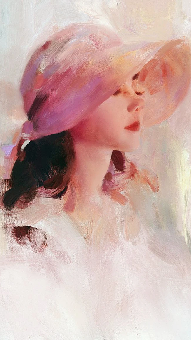 唯美的戴帽子的油画美少女手机壁纸