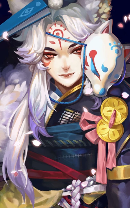 戴狐狸面具的和风游戏《阴阳师》人物手机壁纸推荐