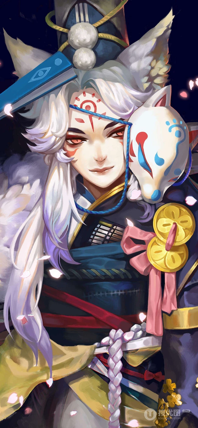 戴狐狸面具的和风游戏《阴阳师》人物手机壁纸推荐