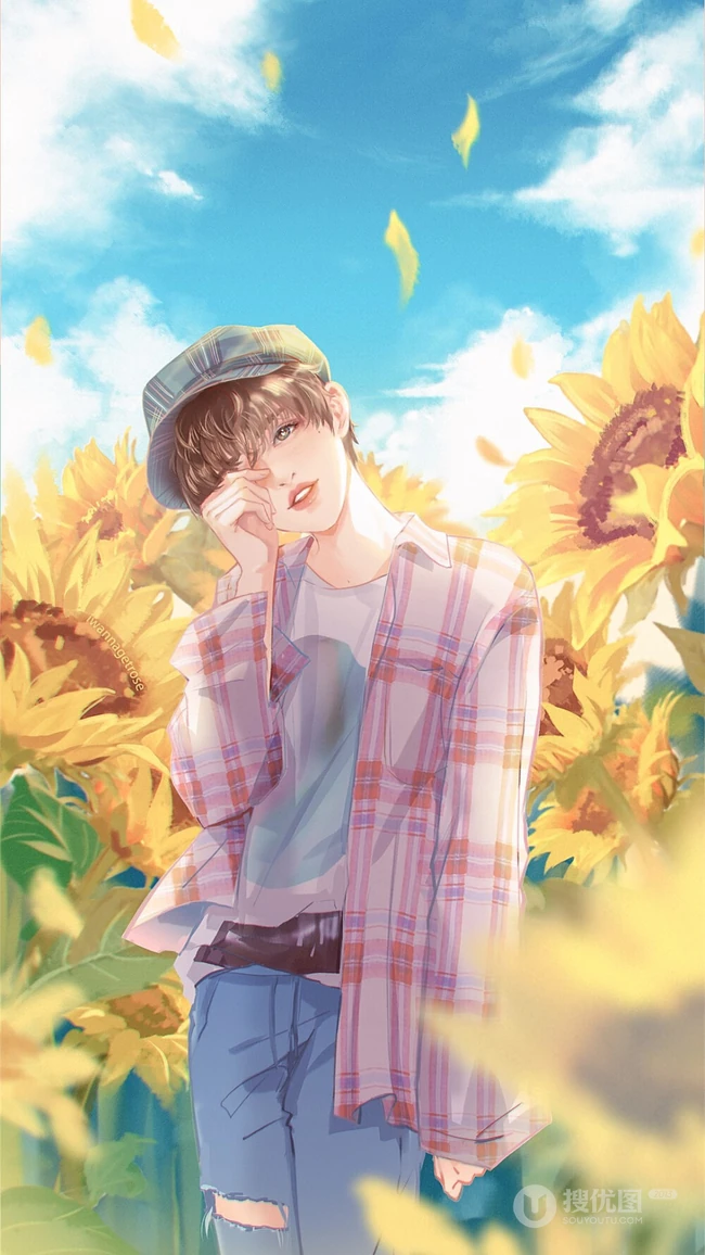 花儿与少年，超美二次元动漫帅哥美少男唯美意境插画图片