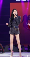 韩雪韩美人金色竖纹黑衣短裤气质舞台照，修长线条感又白又直