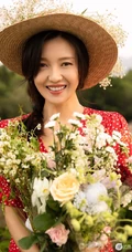 傅晶手捧鲜花，头戴草帽清新清新户外写真美照