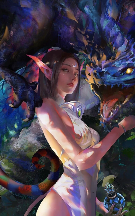 创意插画美女长耳精灵与他的龙手绘动漫手机壁纸