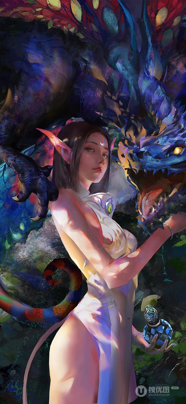 创意插画美女长耳精灵与他的龙手绘动漫手机壁纸