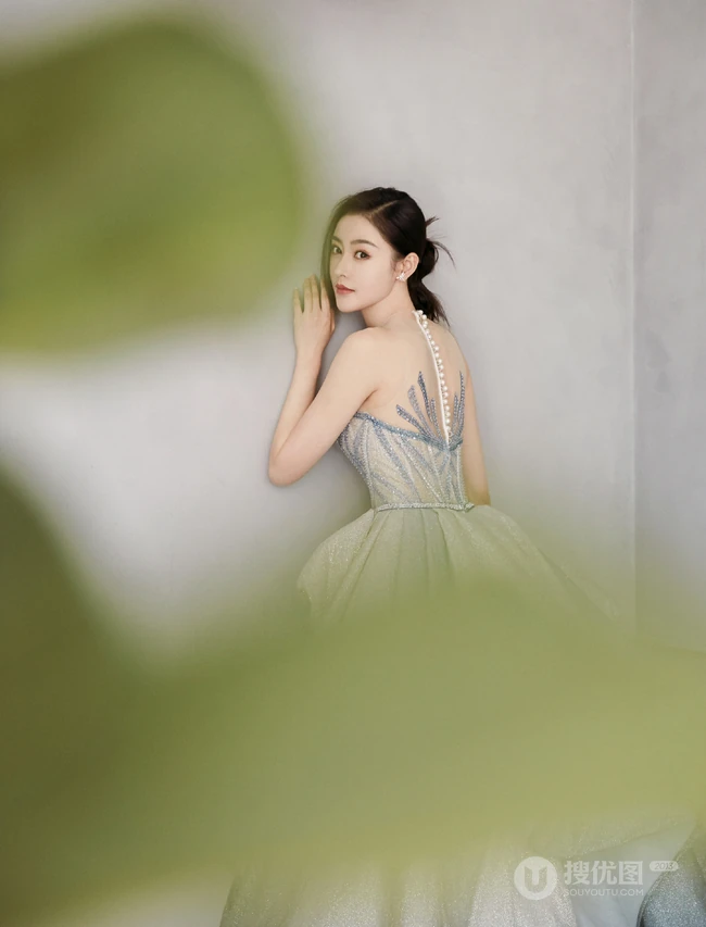 张天爱美背动人气质肩带蓬蓬银裙礼服写真图片