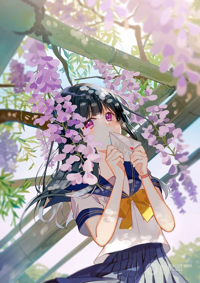 花与少女，二次元小清新少女森系手绘插画超清美图