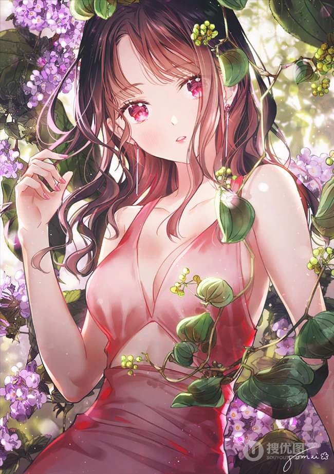 花与少女，二次元小清新少女森系手绘插画超清美图