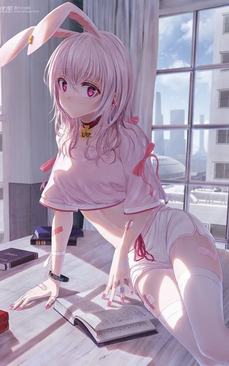 长白线条感二次元运动系兔耳朵少女休闲短裤，短裙插画图片