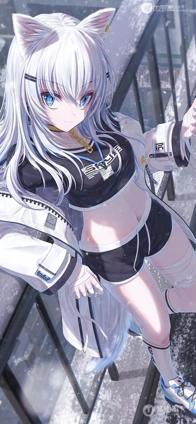 长白线条感二次元运动系兔耳朵少女休闲短裤，短裙插画图片