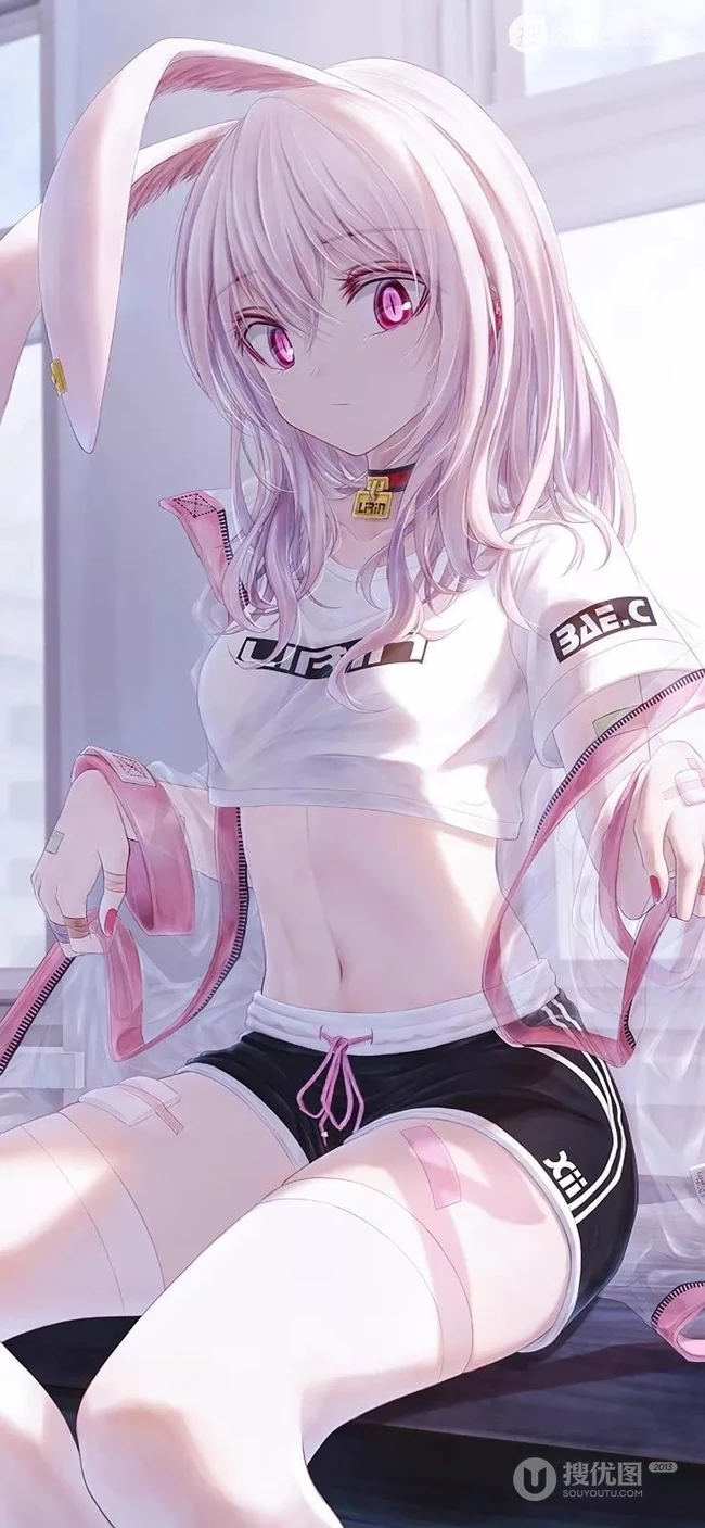 长白线条感二次元运动系兔耳朵少女休闲短裤，短裙插画图片