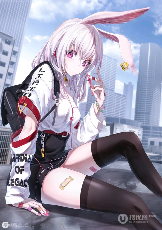 长白线条感二次元运动系兔耳朵少女休闲短裤，短裙插画图片
