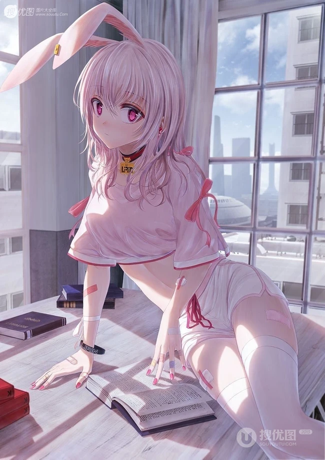 长白线条感二次元运动系兔耳朵少女休闲短裤，短裙插画图片