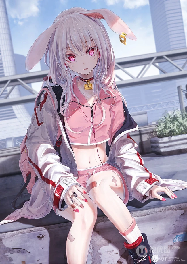 长白线条感二次元运动系兔耳朵少女休闲短裤，短裙插画图片