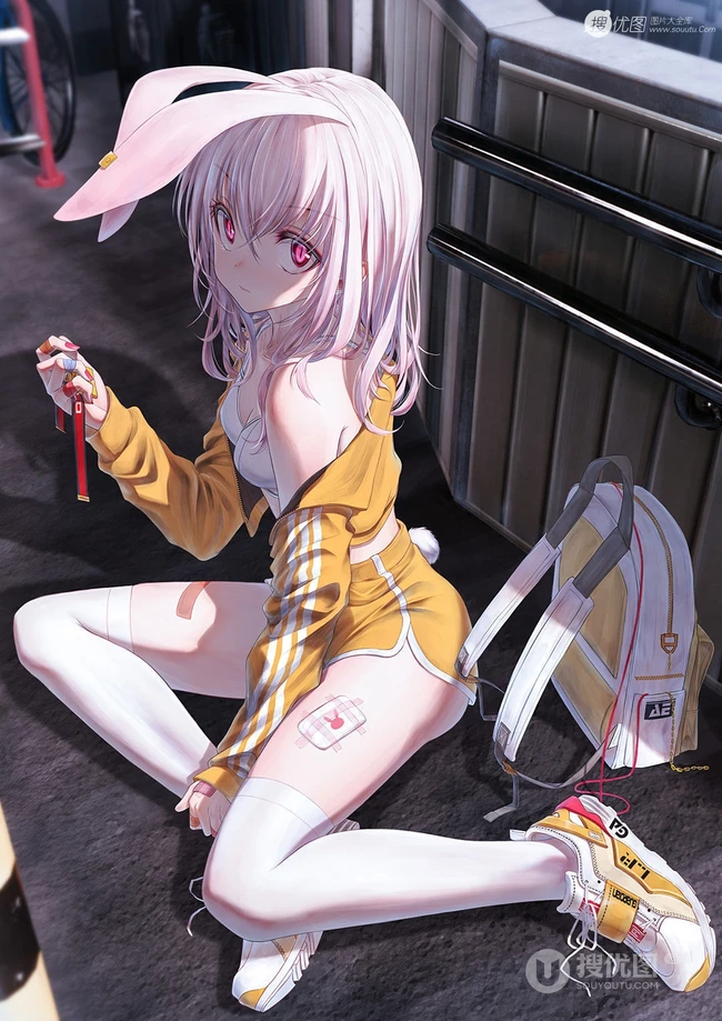 长白线条感二次元运动系兔耳朵少女休闲短裤，短裙插画图片