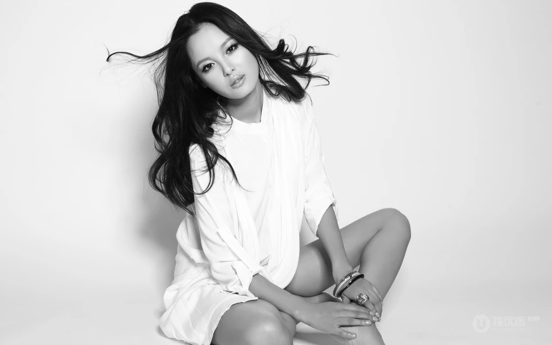 美女明星辛芷蕾长发飘飘黑灰色调纯色写真桌面壁纸
