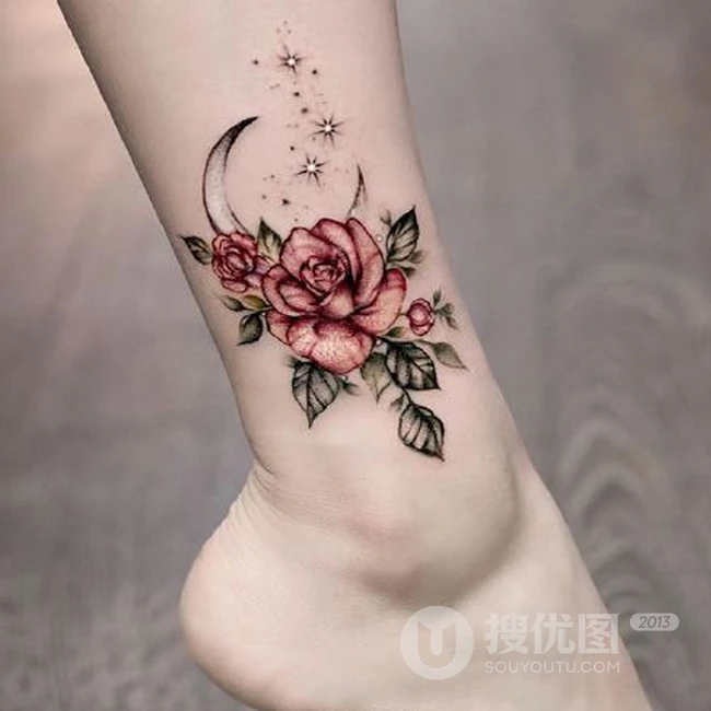 花朵，花卉纹身图案，男生脚踝处精美花朵，花卉小纹身图片欣赏 第6张