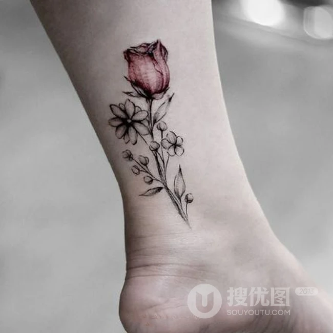 花朵，花卉纹身图案，男生脚踝处精美花朵，花卉小纹身图片欣赏 第9张